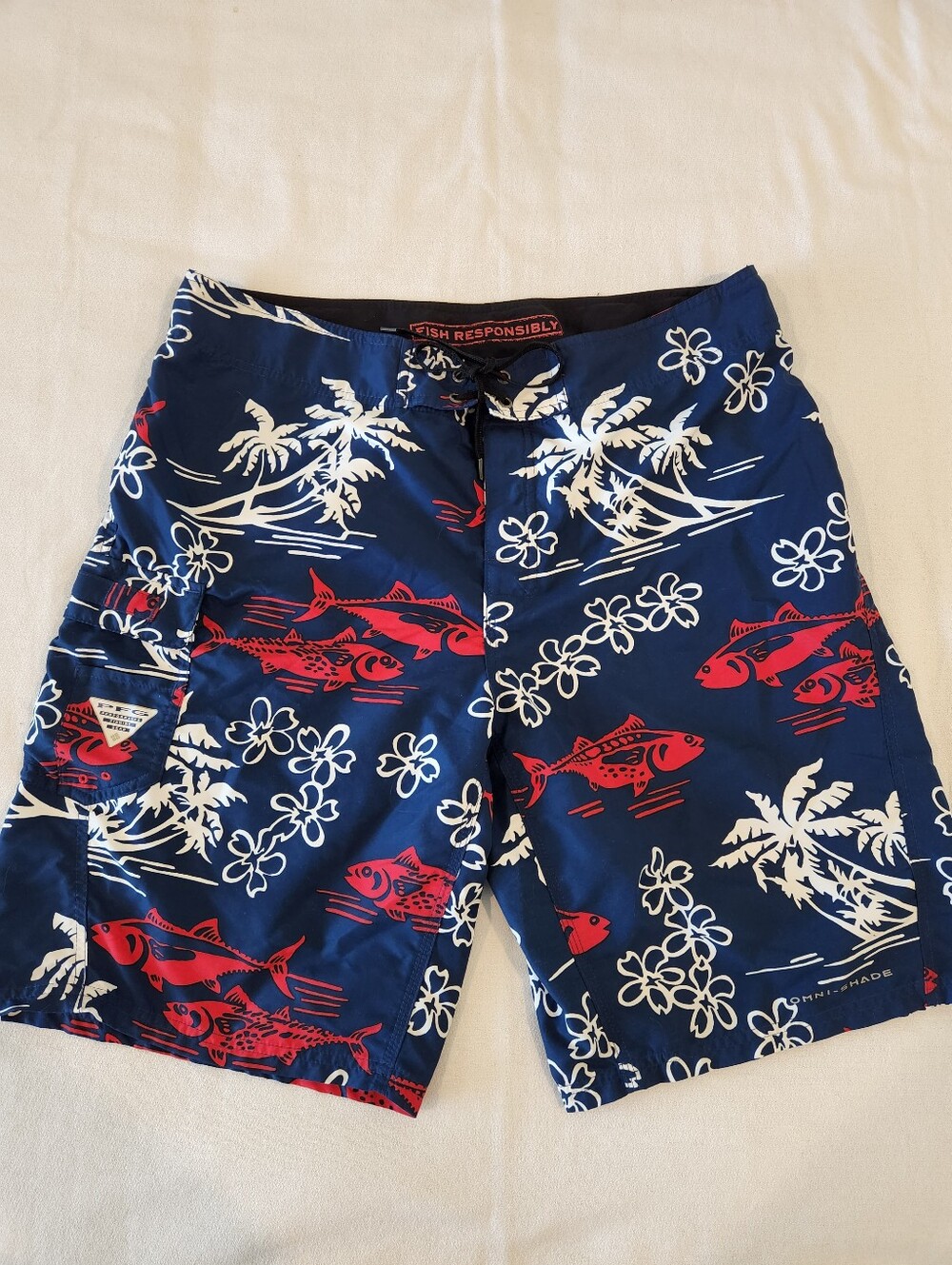 Columbia PFG Omni Shade Mens Fish Print Board Shorts Sz 36 Tropical